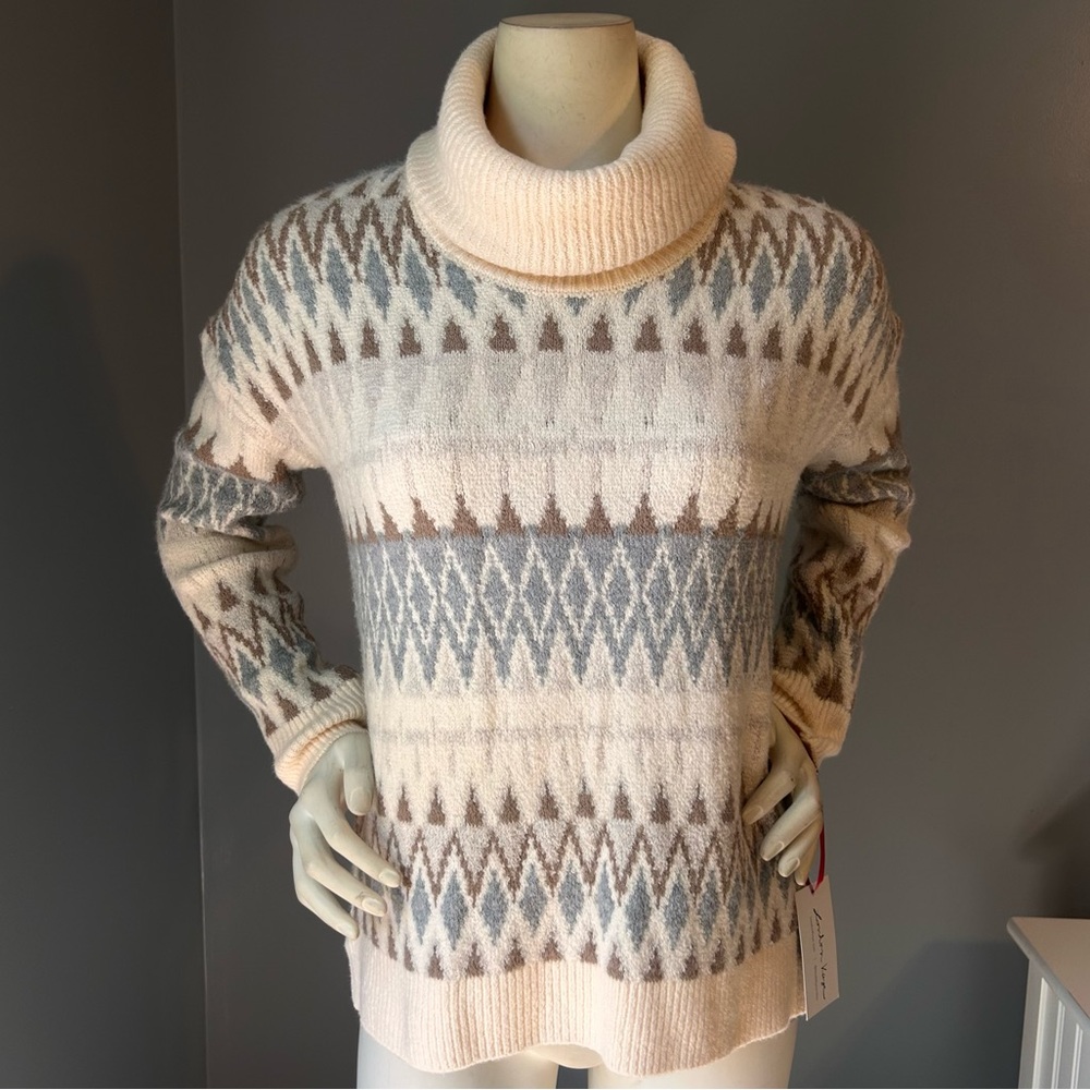 NWT London Kaye Fair Isle Neutral Color Cozy Geometric Patterned Sweater